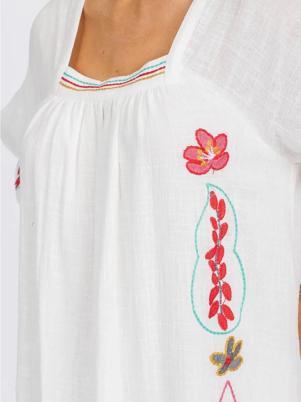 White Embroidered Boho Midi Dress with Colorful Floral Motifs - Picture 5 of 5